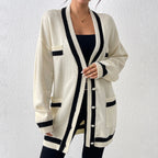 Biały Kardigan Damski z Czarnym Wykończeniem