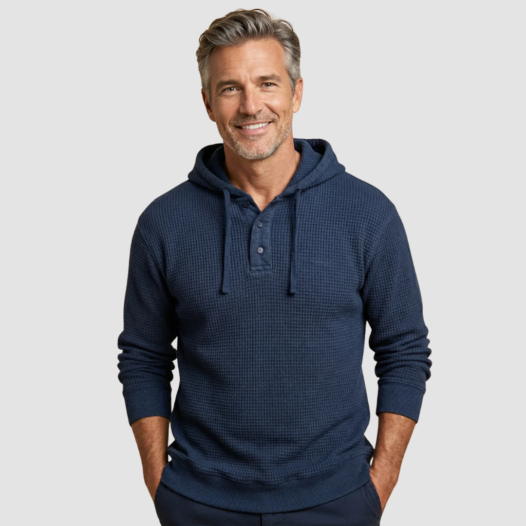 Bluza męska z kapturem o splocie waflowym i zapięciu henley