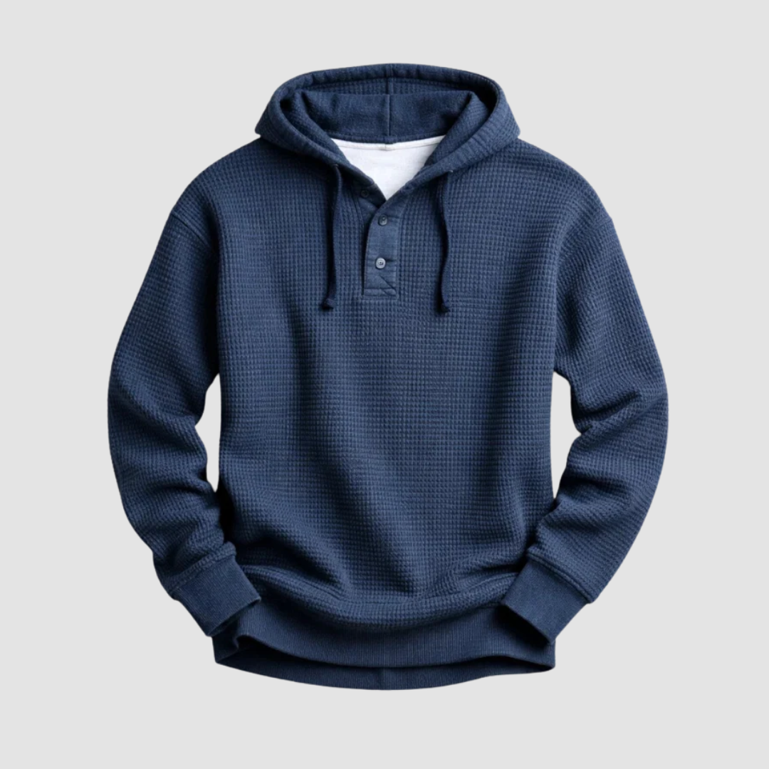 Bluza męska z kapturem o splocie waflowym i zapięciu henley