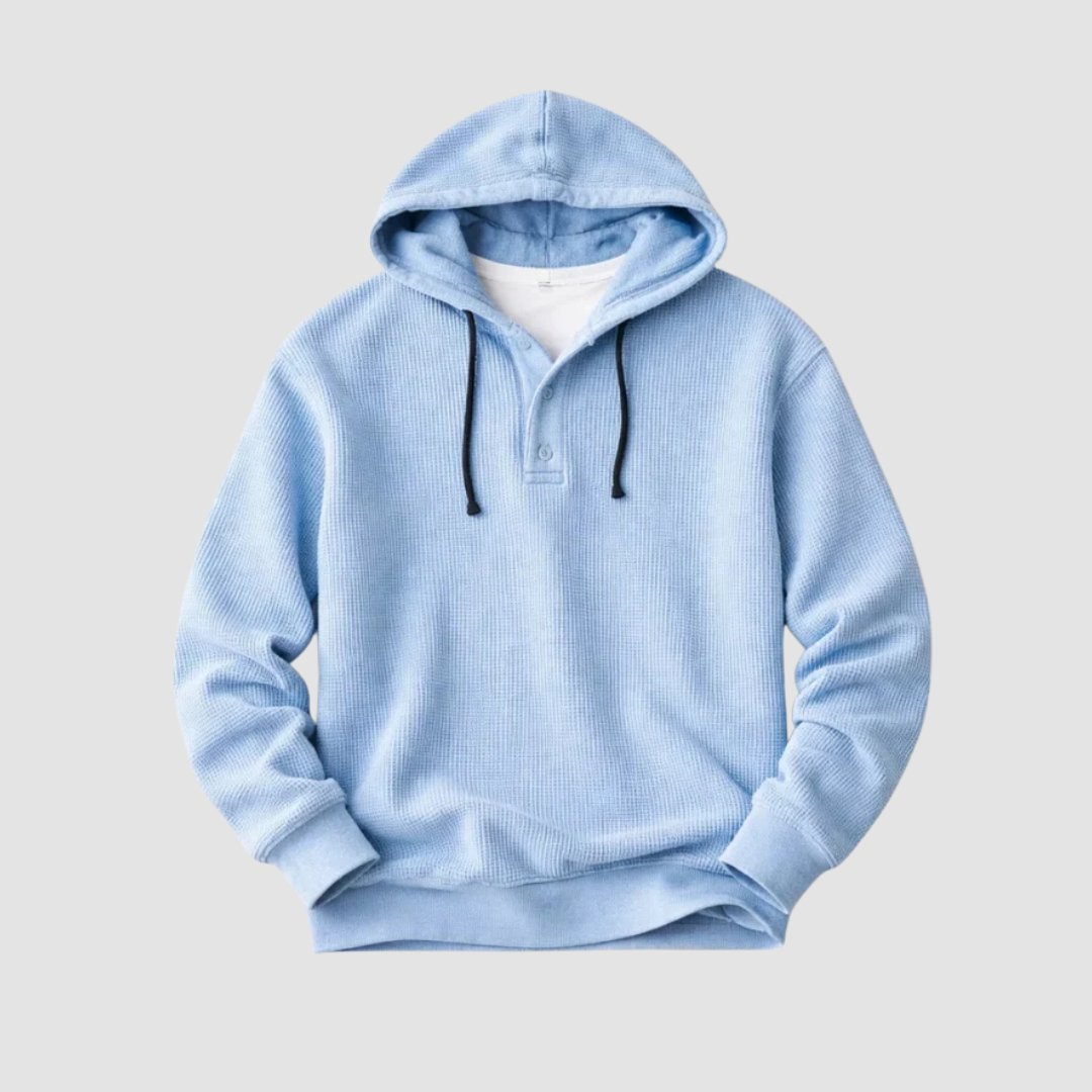 Bluza męska z kapturem o splocie waflowym i zapięciu henley