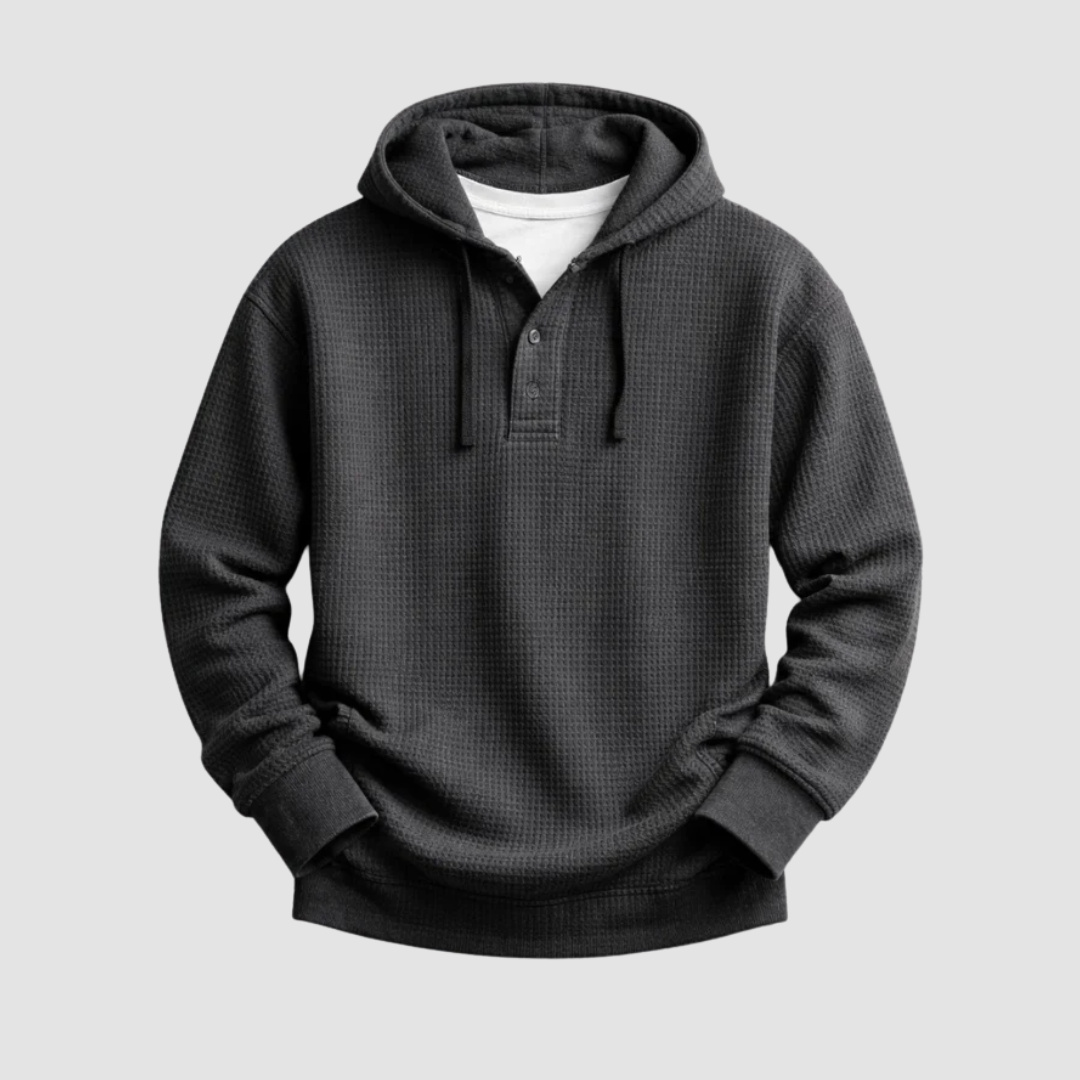 Bluza męska z kapturem o splocie waflowym i zapięciu henley