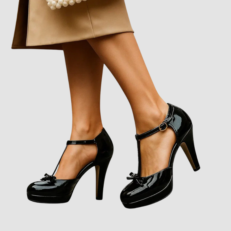 Buty Damskie na Słupku z Paskiem i Kokardką