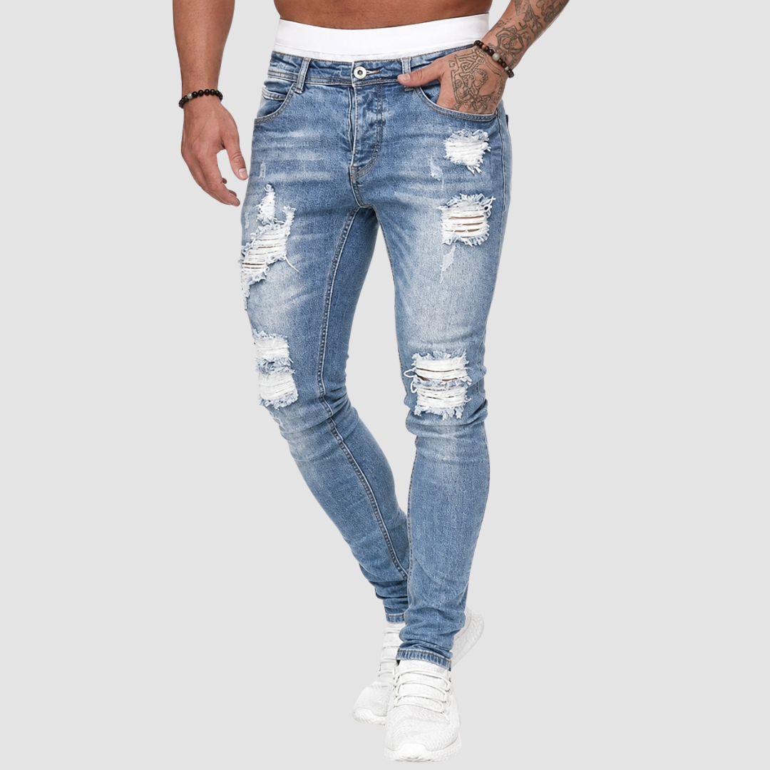 Jeansy męskie slim fit z przetarciami i dziurami