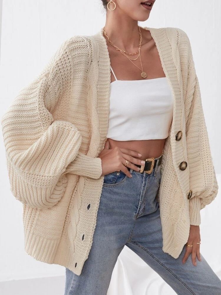 Kardigan Damski z Czterema Guzikami i Bufiastymi Rękawami