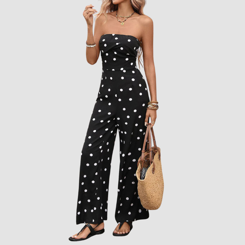 Kombinezon Damski bez Ramiączek w Grochy z Szerokimi Nogawkami