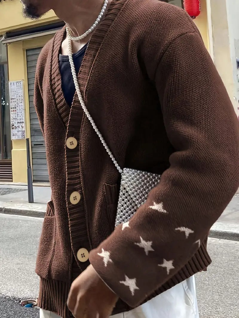 Męski Kardigan z Okrągłym Dekoltem i Kieszeniami