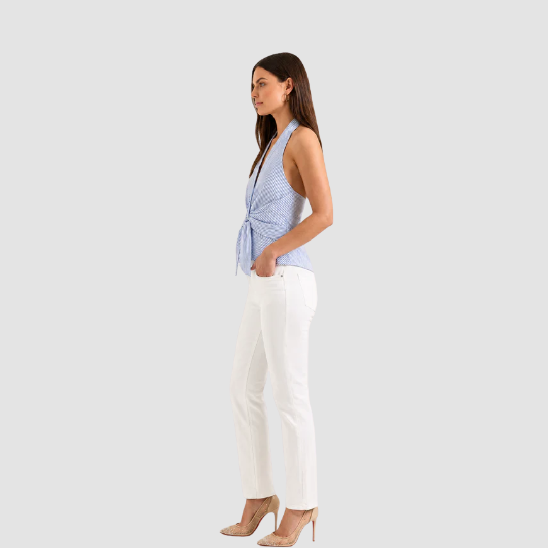Top damski halter w paski z wiązaniem w talii
