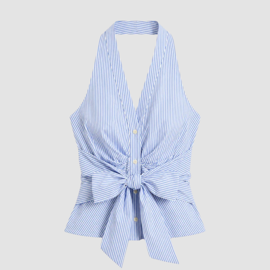 Top damski halter w paski z wiązaniem w talii
