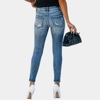 Jeansy Damskie Skinny z Przetarciami i Surowym Brzegiem