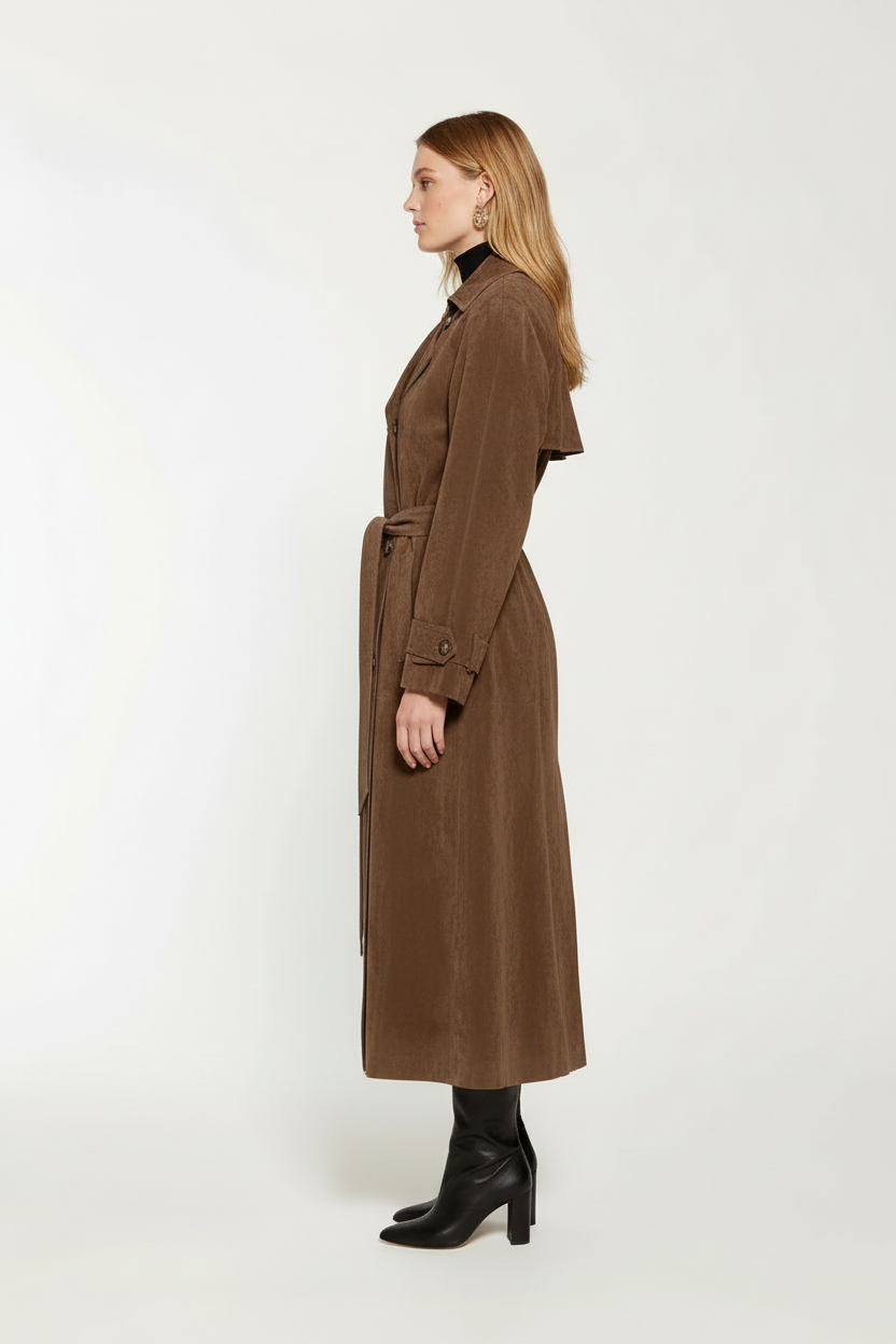 Płaszcz Damski Maxi Dwurzędowy o Wyglądzie Zamszu z Paskiem