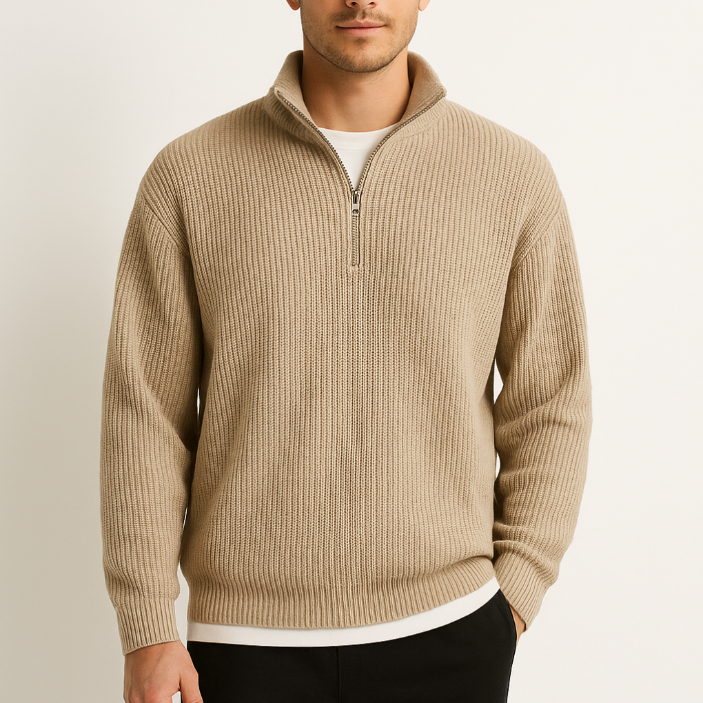 Sweter Męski Prążkowany ze Stójką i Zamkiem