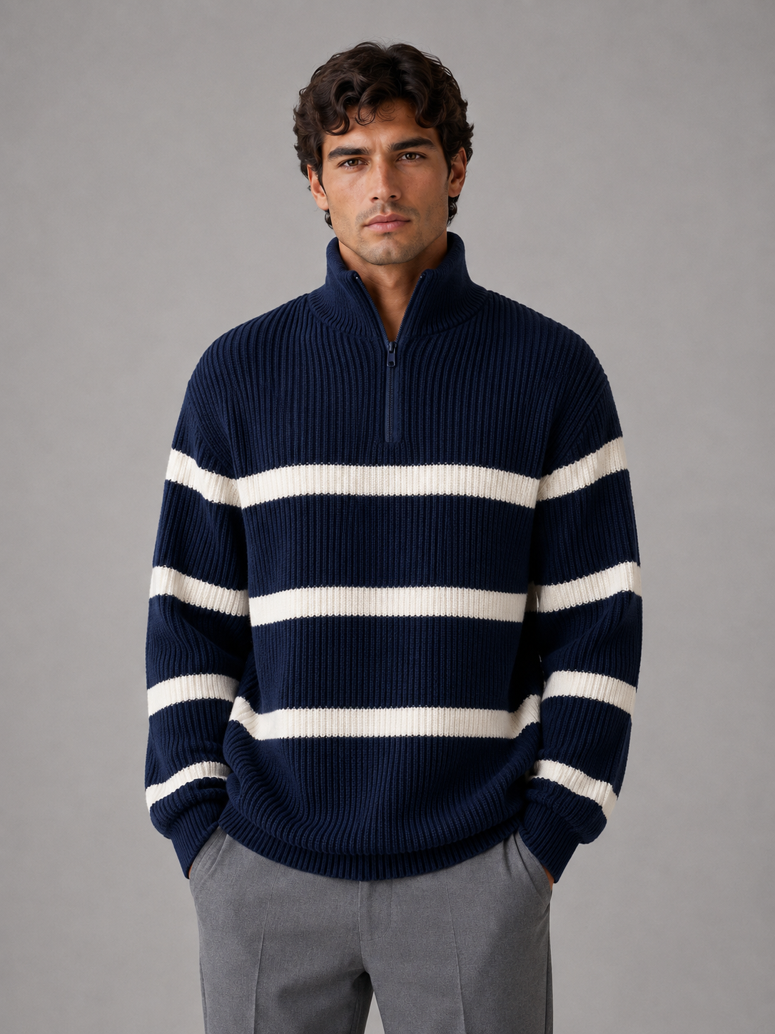 Sweter Męski w Paski z Krótkim Zamkiem i Stójką