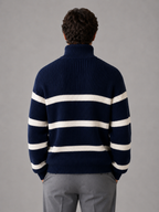 Sweter Męski w Paski z Krótkim Zamkiem i Stójką