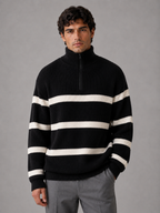 Sweter Męski w Paski z Krótkim Zamkiem i Stójką