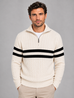 Sweter Męski w Paski ze Stójką i Zamkiem