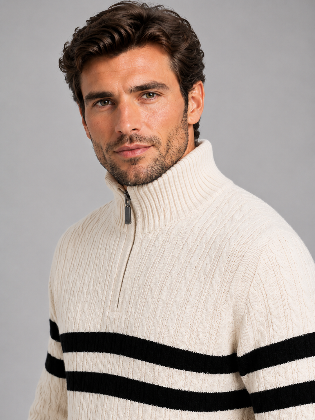 Sweter Męski w Paski ze Stójką i Zamkiem