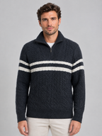 Sweter Męski w Paski ze Stójką i Zamkiem