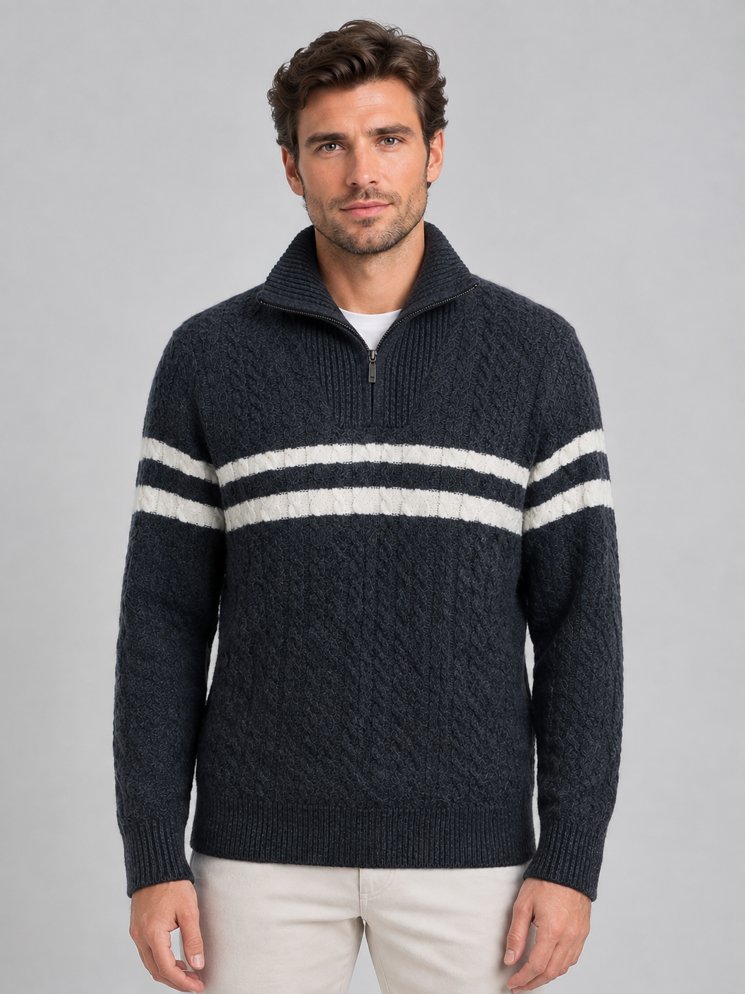 Sweter Męski w Paski ze Stójką i Zamkiem