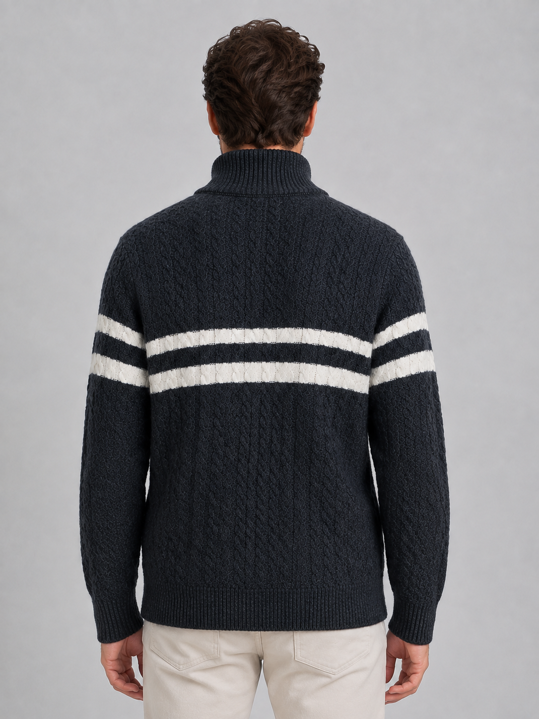 Sweter Męski w Paski ze Stójką i Zamkiem