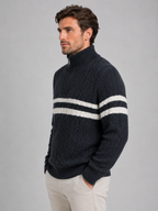 Sweter Męski w Paski ze Stójką i Zamkiem