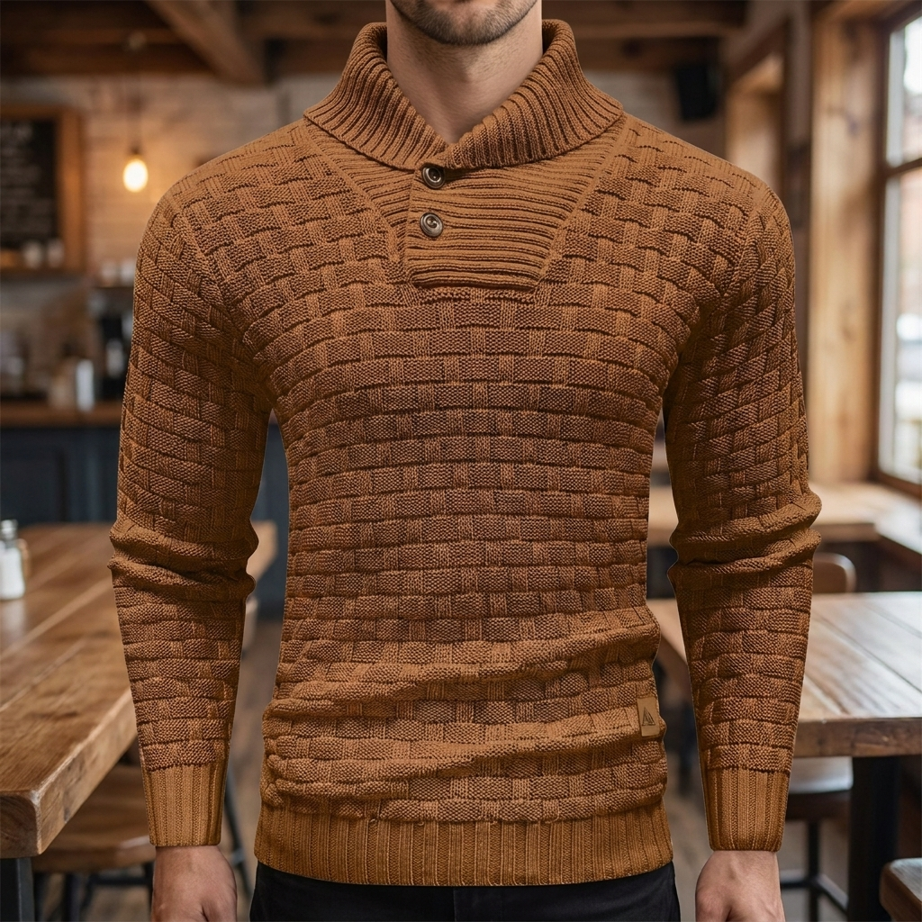 Sweter Męski ze Stójką Szalową i Fakturalnym Splotem