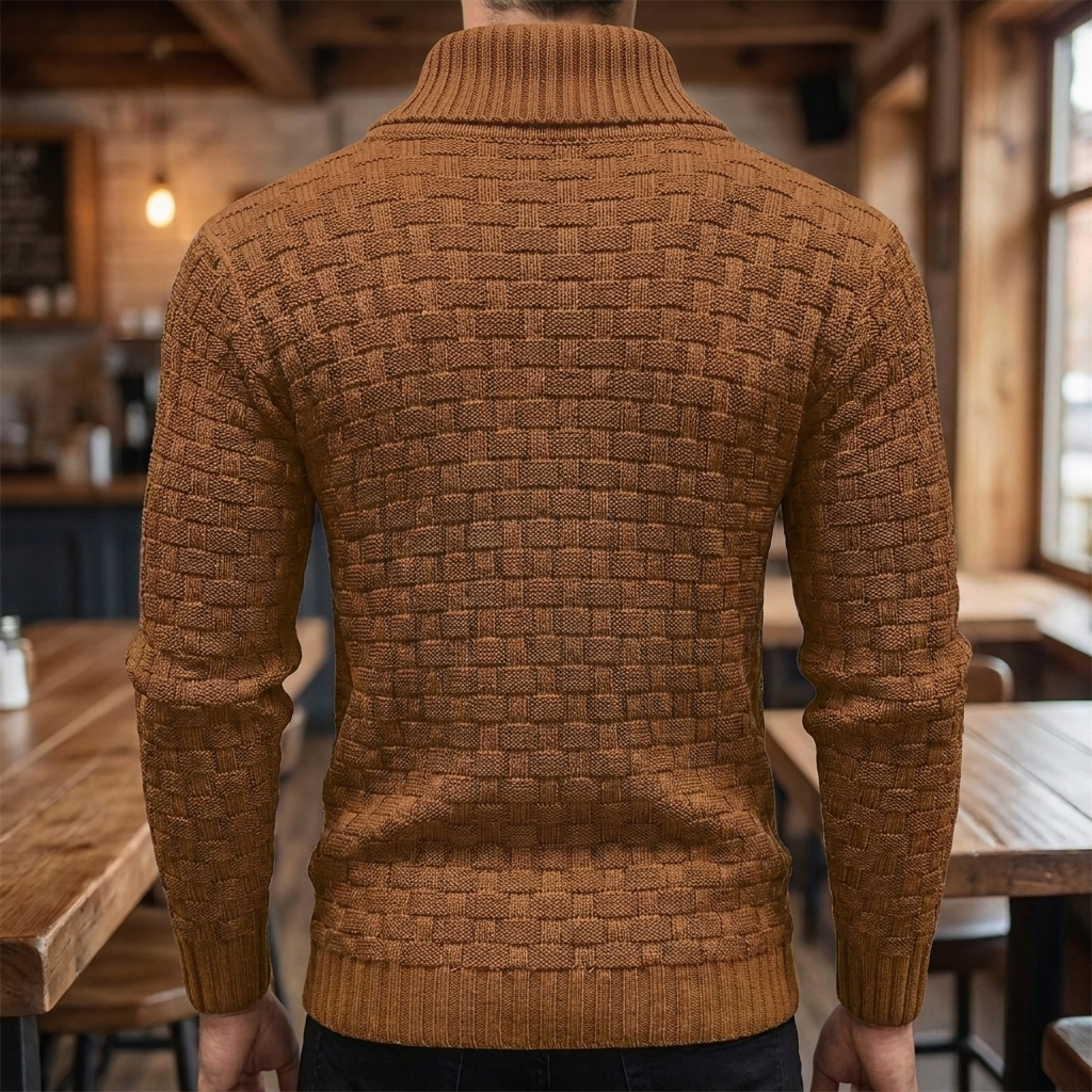Sweter Męski ze Stójką Szalową i Fakturalnym Splotem