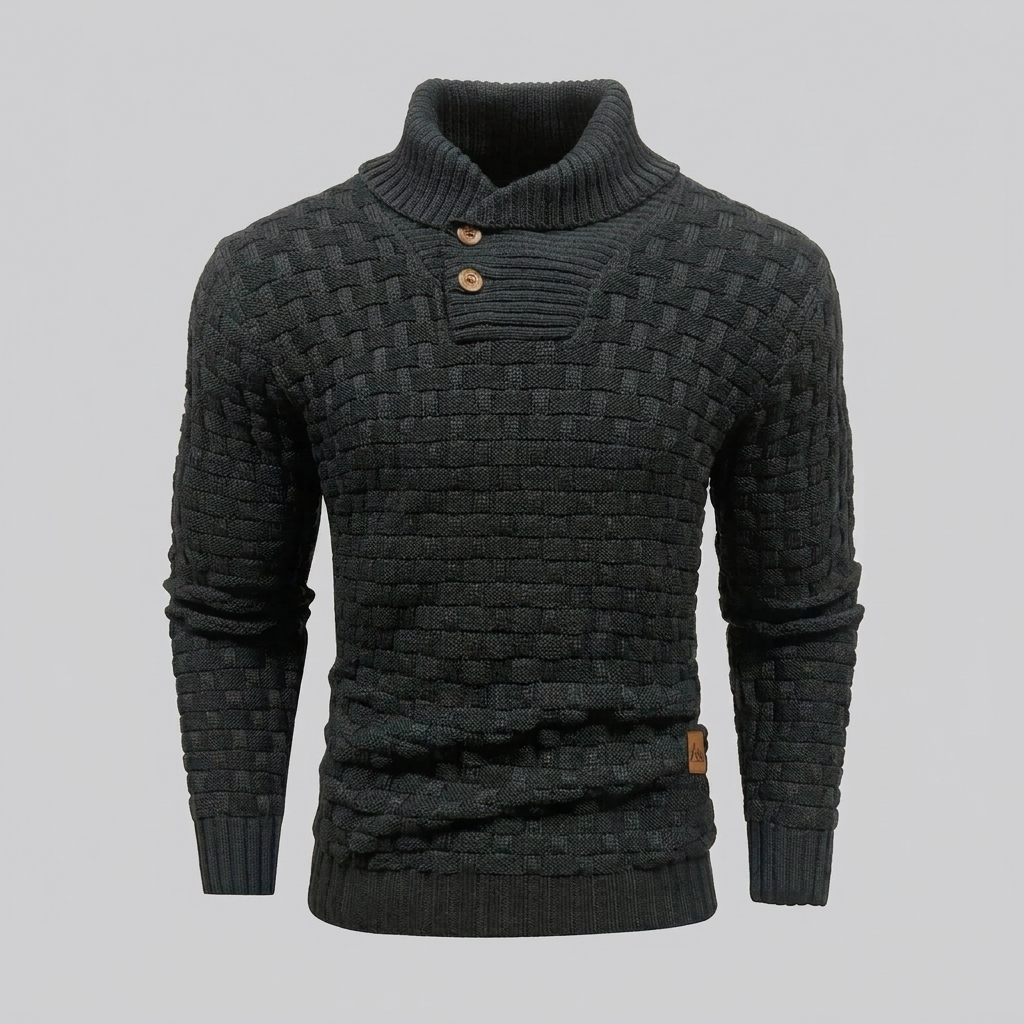 Sweter Męski ze Stójką Szalową i Fakturalnym Splotem