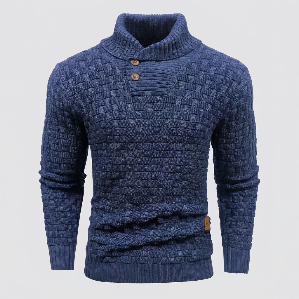 Sweter Męski ze Stójką Szalową i Fakturalnym Splotem