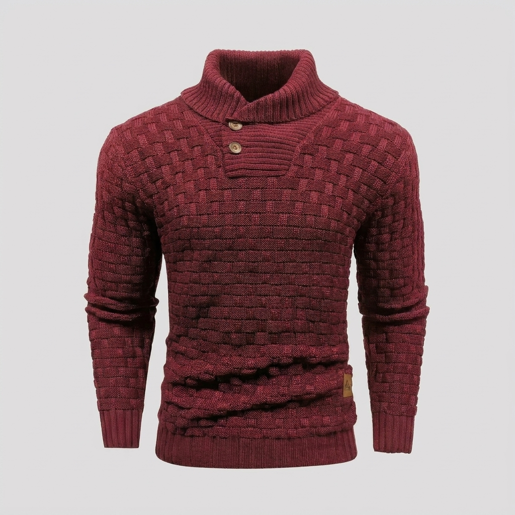 Sweter Męski ze Stójką Szalową i Fakturalnym Splotem
