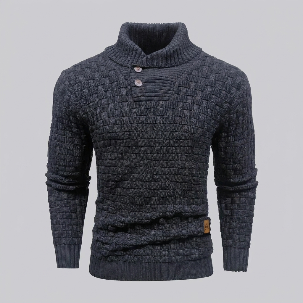 Sweter Męski ze Stójką Szalową i Fakturalnym Splotem
