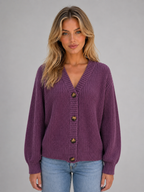 Sweter Rozpinany Damski o Grubym Splocie z Dekoltem w Serek