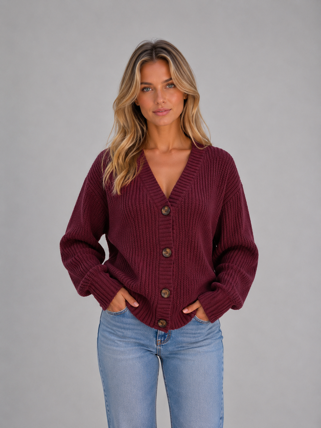 Sweter Rozpinany Damski o Grubym Splocie z Dekoltem w Serek