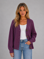 Sweter Rozpinany Damski o Grubym Splocie z Dekoltem w Serek