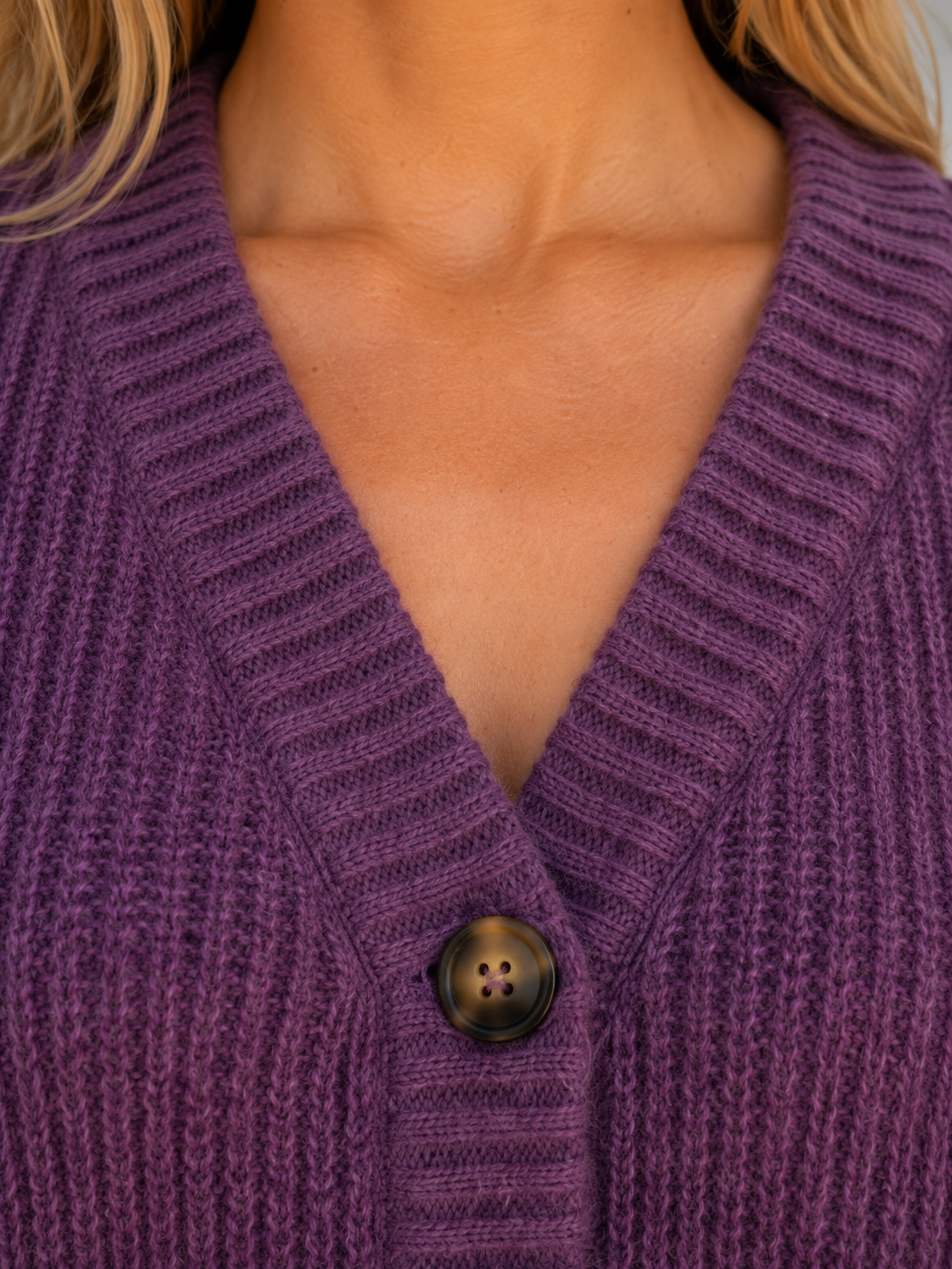 Sweter Rozpinany Damski o Grubym Splocie z Dekoltem w Serek