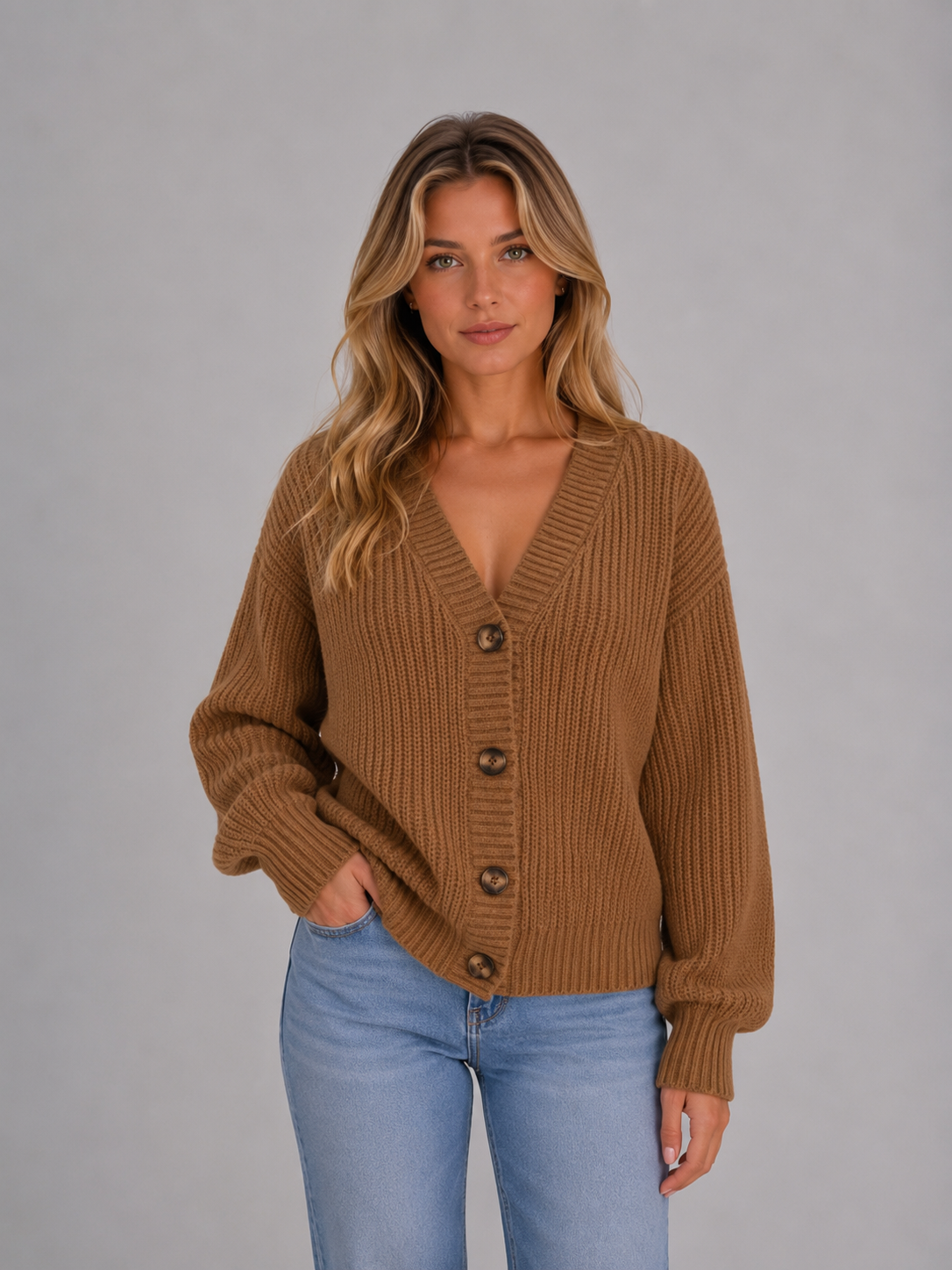 Sweter Rozpinany Damski o Grubym Splocie z Dekoltem w Serek