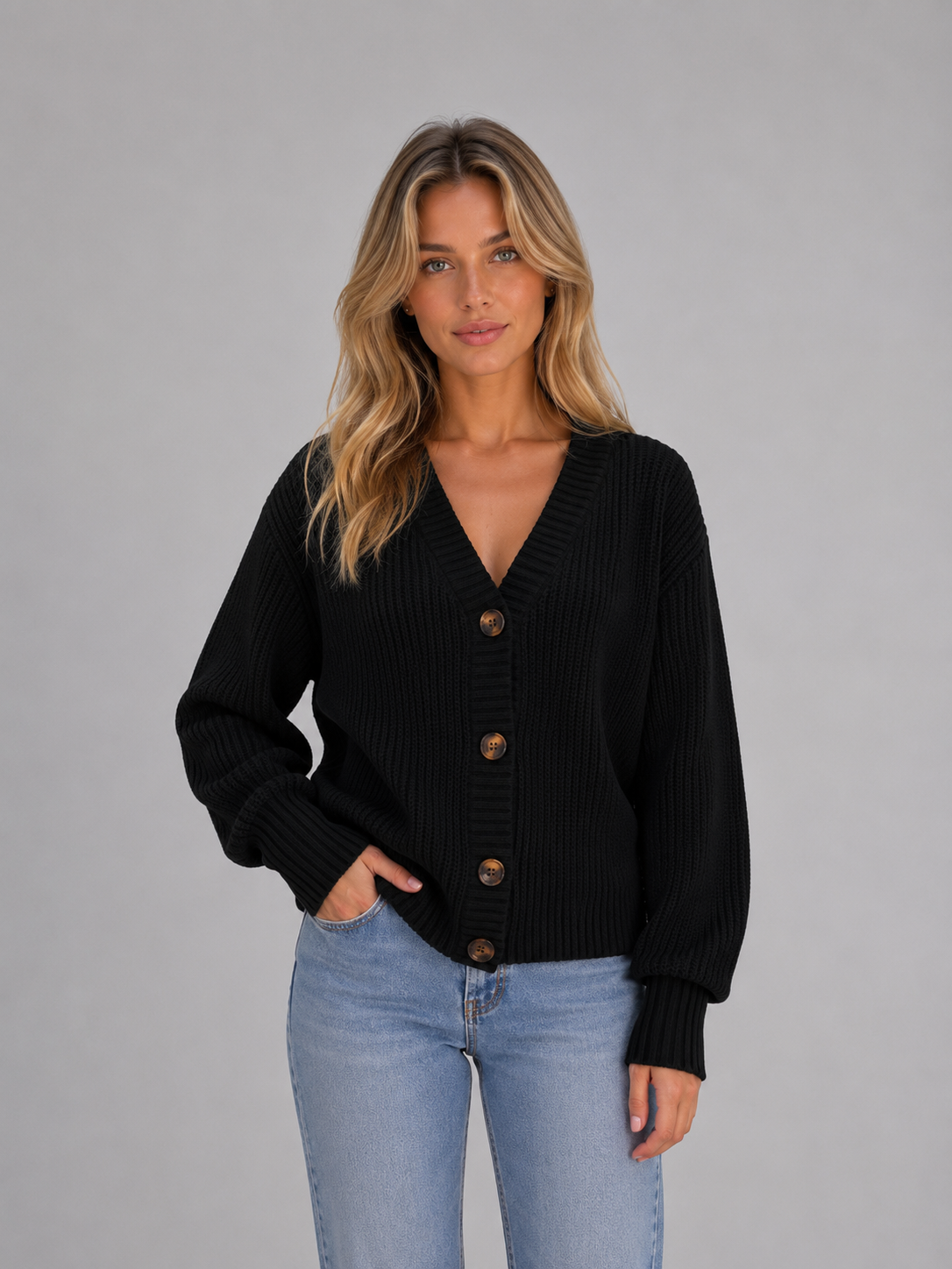 Sweter Rozpinany Damski o Grubym Splocie z Dekoltem w Serek