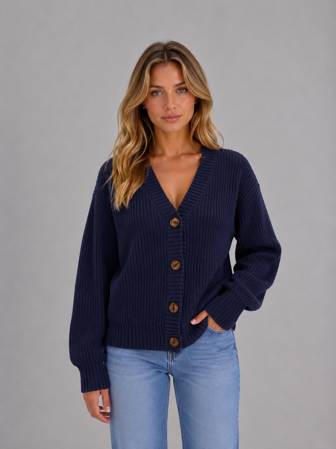 Sweter Rozpinany Damski o Grubym Splocie z Dekoltem w Serek
