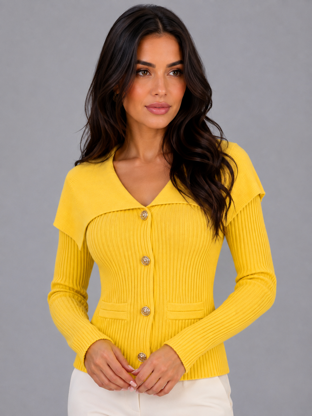 Sweter Rozpinany Damski Prążkowany ze Szniową Klapą