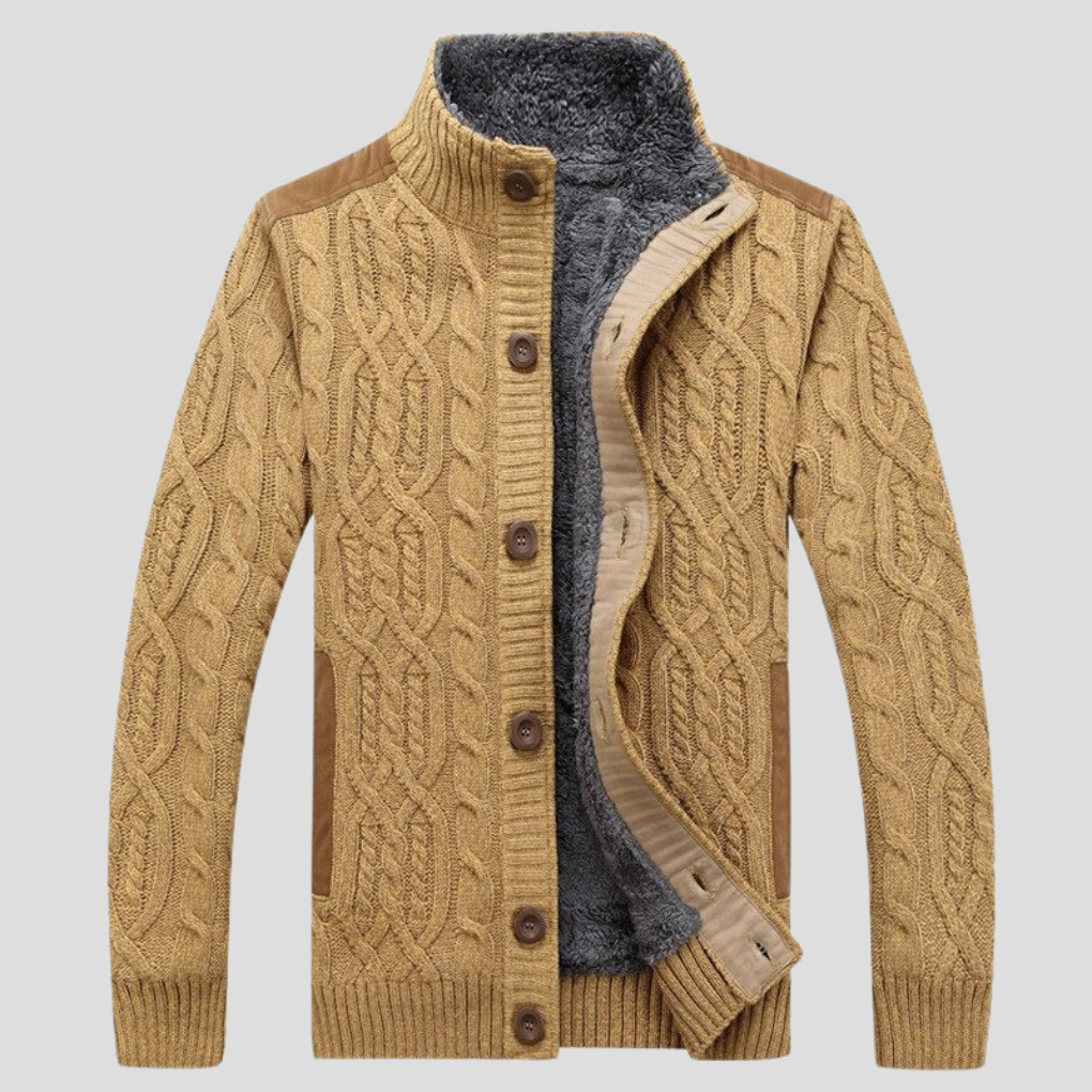 Sweter Rozpinany Męski o Splocie Warkoczowym ze Stójką