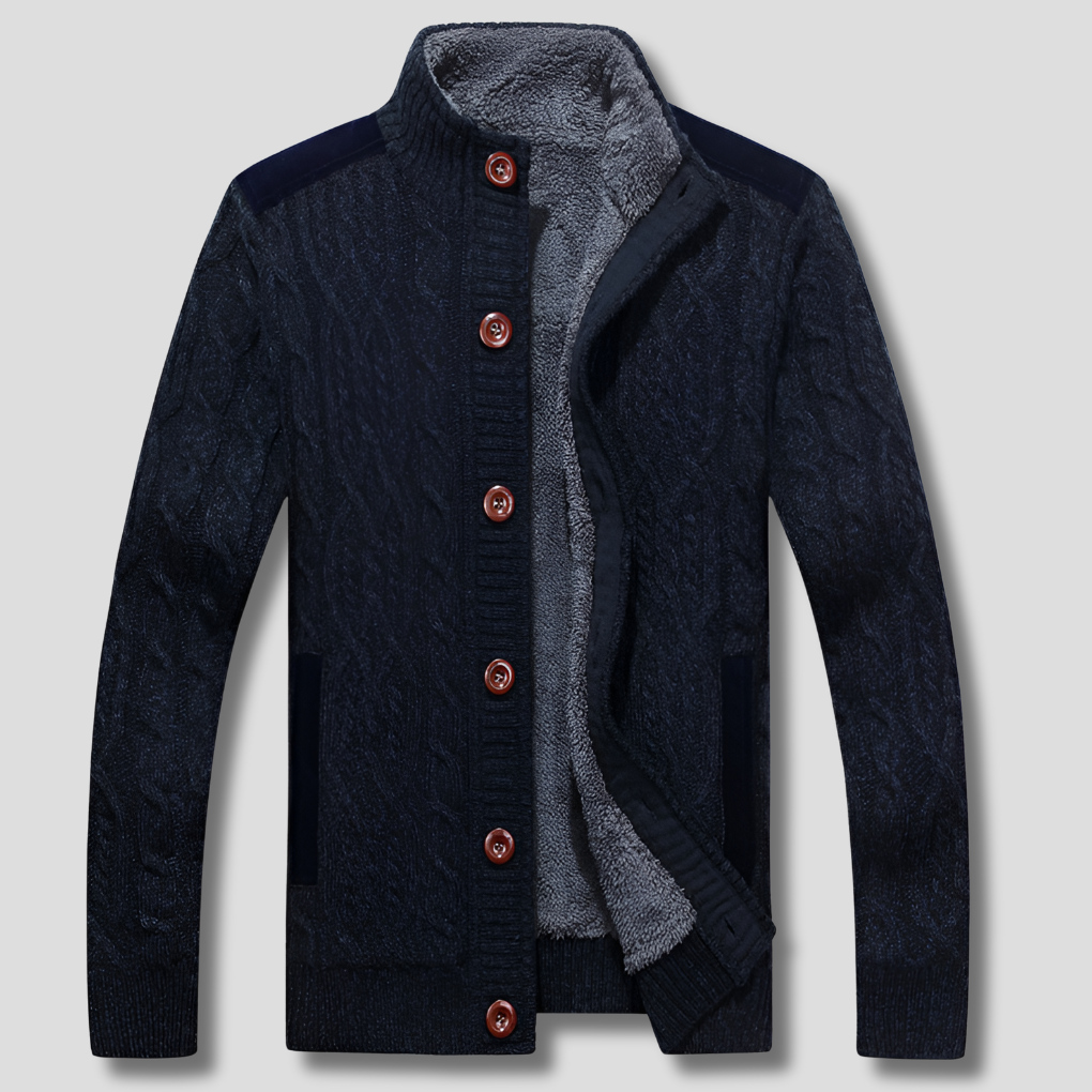Sweter Rozpinany Męski o Splocie Warkoczowym ze Stójką