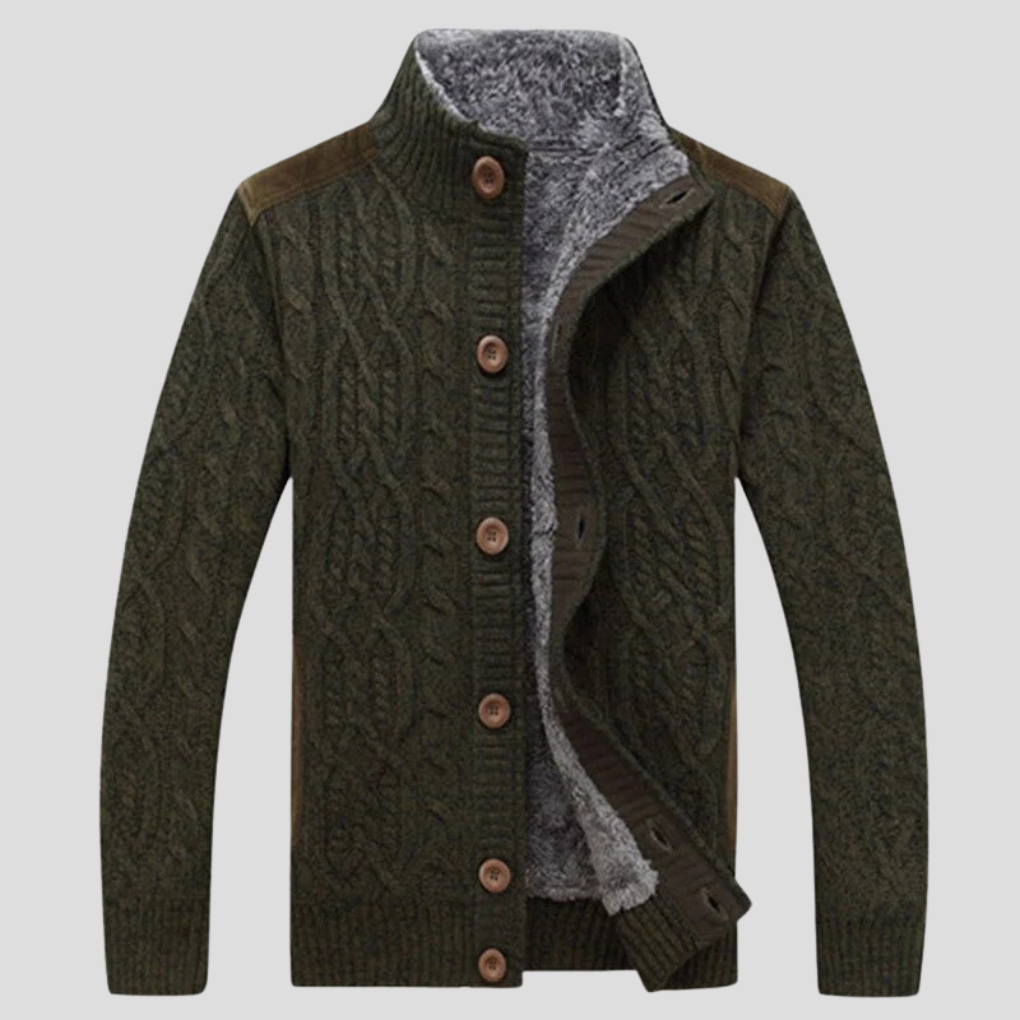 Sweter Rozpinany Męski o Splocie Warkoczowym ze Stójką