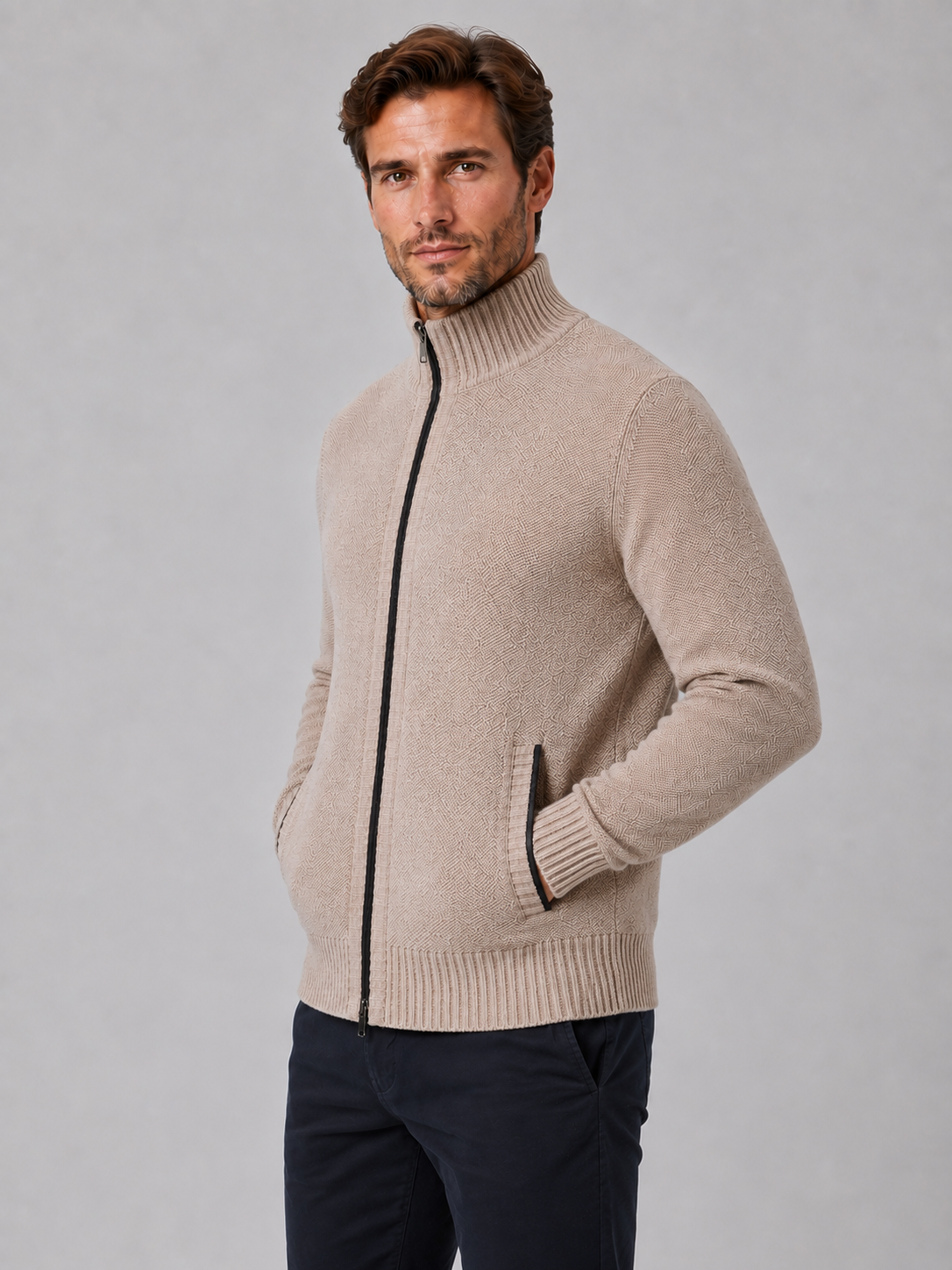 Sweter Rozpinany Męski ze Stójką i Fakturalnym Splotem